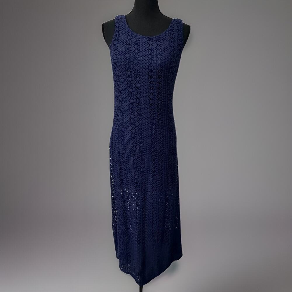 QUINN Navy Blue Crochet‎ Knit Sleeveless Midi Dress with Lining Size Medium NWT